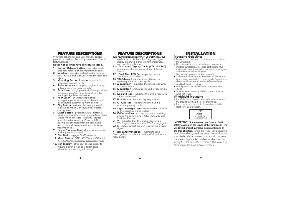 Feature descriptions, Installation | Whistler XTR-255 User Manual | Page 3 / 9