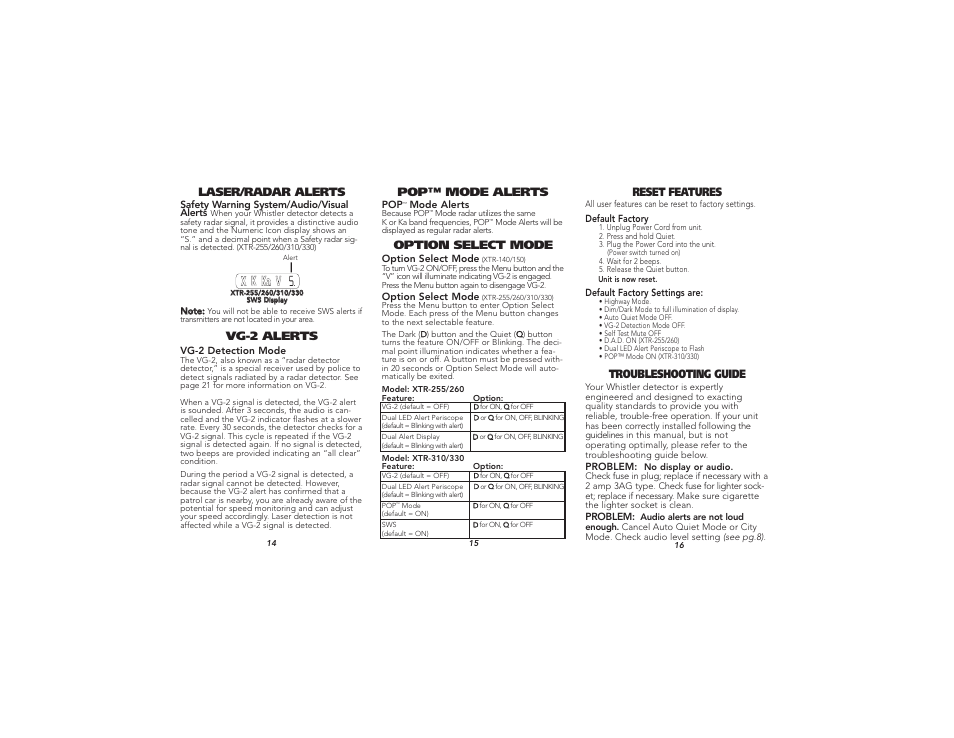 Pop™ mode alerts laser/radar alerts, Vg-2 alerts, Reset features | Troubleshooting guide, Option select mode | Whistler XTR-255 User Manual | Page 6 / 9