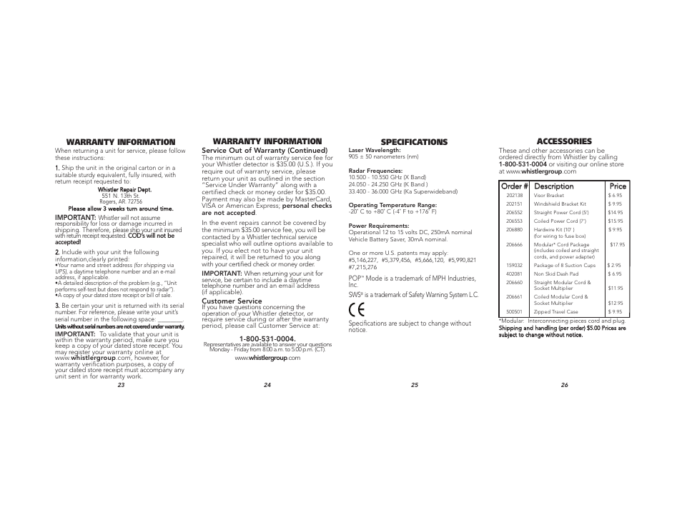 Warranty information, Specifications, Accessories | Whistler XTR-255 User Manual | Page 9 / 9