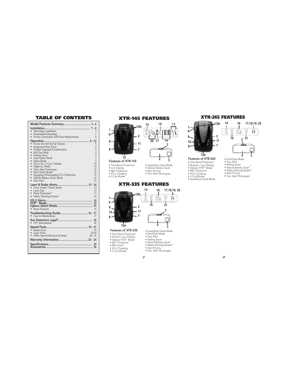 Table of contents xtr-335 features, Xtr-145 features, Xtr-265 features | Whistler XTR-145 User Manual | Page 2 / 9