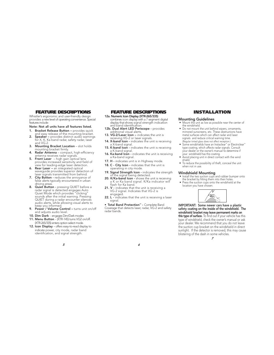 Feature descriptions, Installation | Whistler XTR-145 User Manual | Page 3 / 9