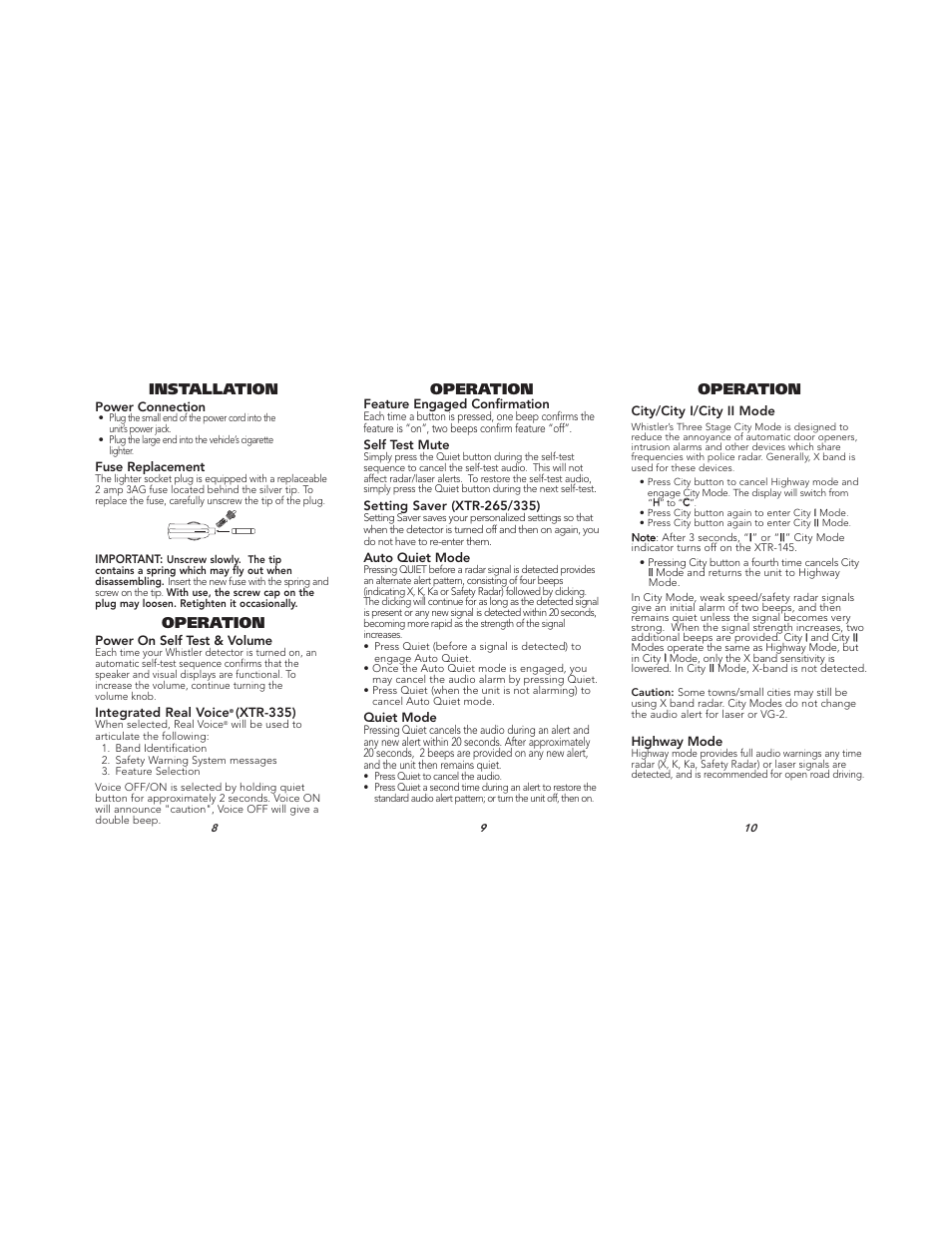 Operation, Installation | Whistler XTR-145 User Manual | Page 4 / 9