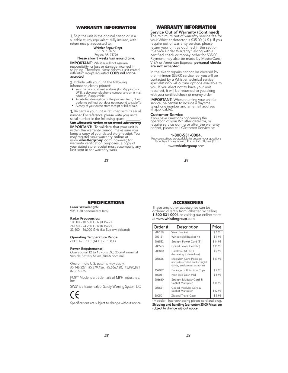 Warranty information, Specifications, Accessories | Whistler XTR-145 User Manual | Page 9 / 9