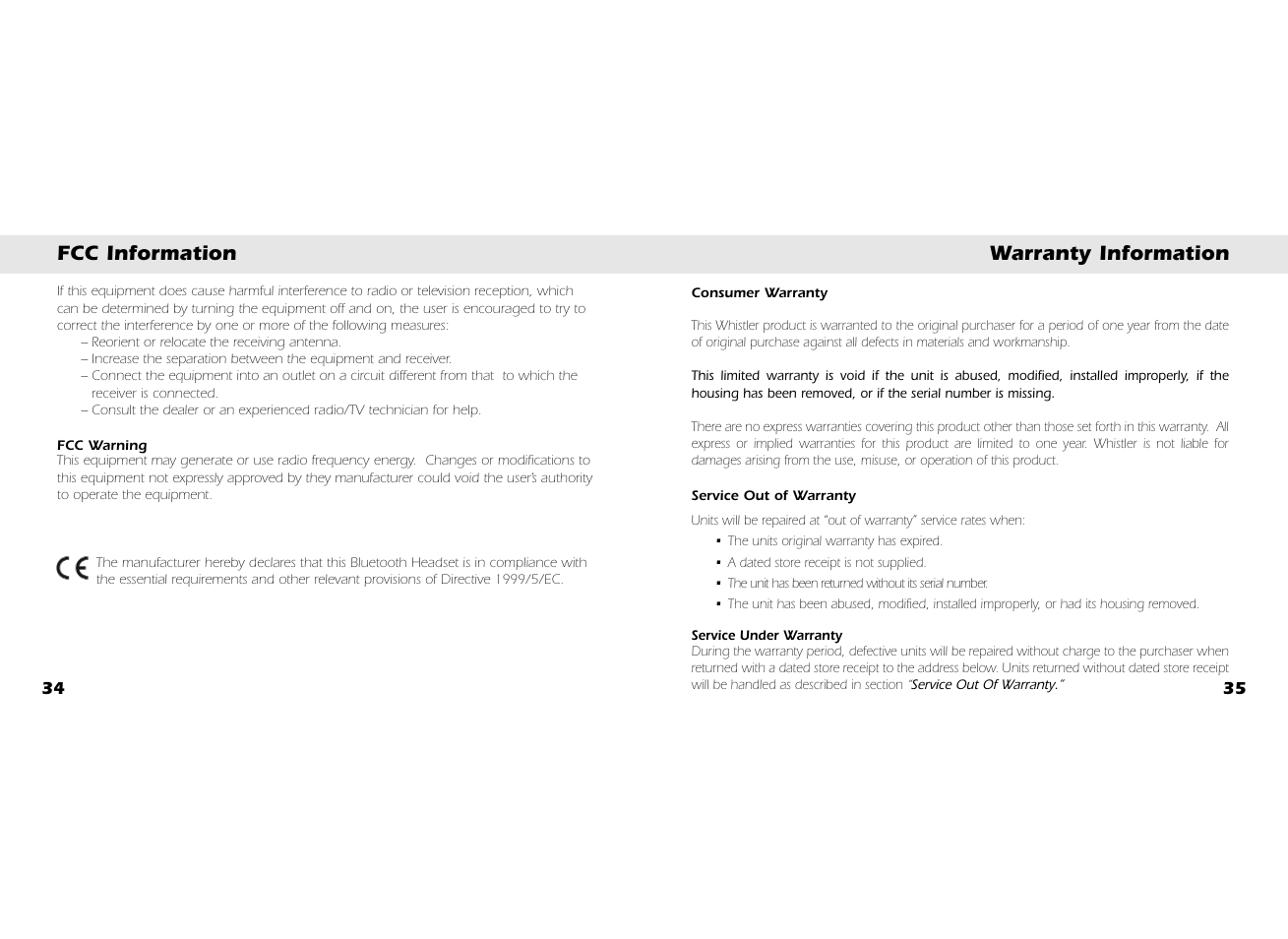 Fcc information warranty information | Whistler BT3300 User Manual | Page 19 / 21