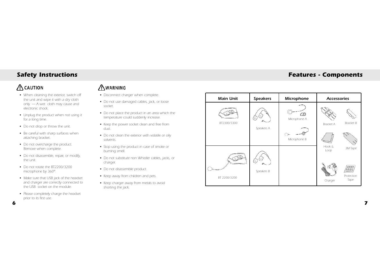 Safety instructions features - components | Whistler BT3300 User Manual | Page 5 / 21