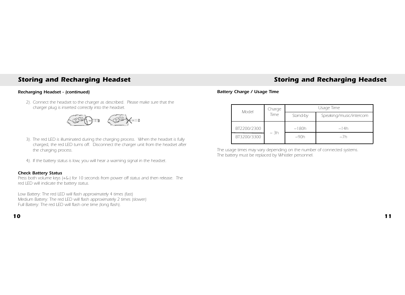 Storing and recharging headset | Whistler BT3300 User Manual | Page 7 / 21