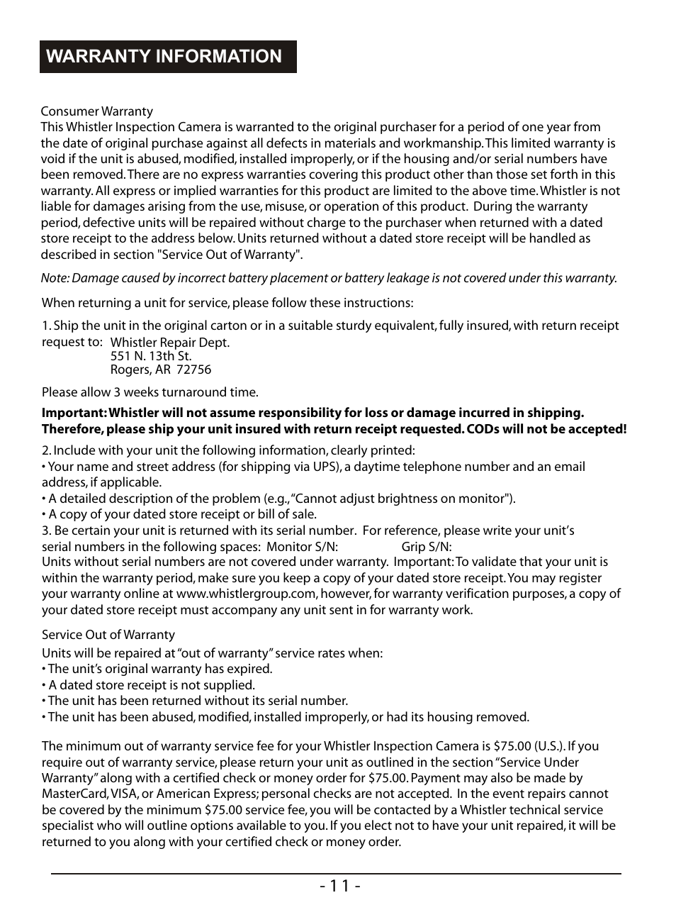 8802aj15f, Warranty information | Whistler WIC-2409C User Manual | Page 13 / 15