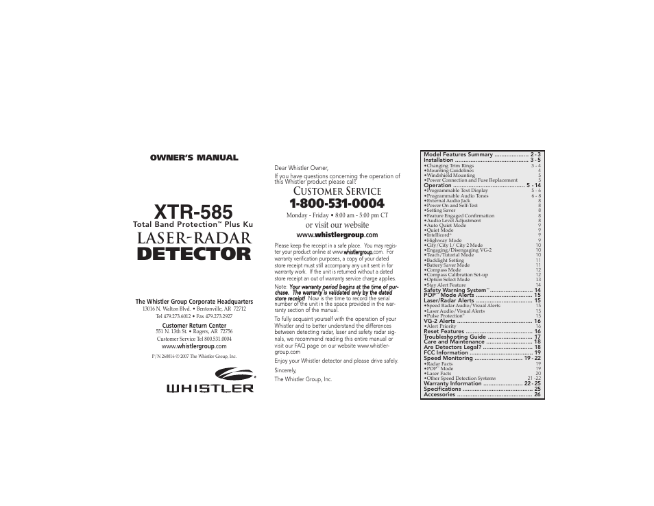Whistler Detector Laser-Radar XTR-585 User Manual | 9 pages