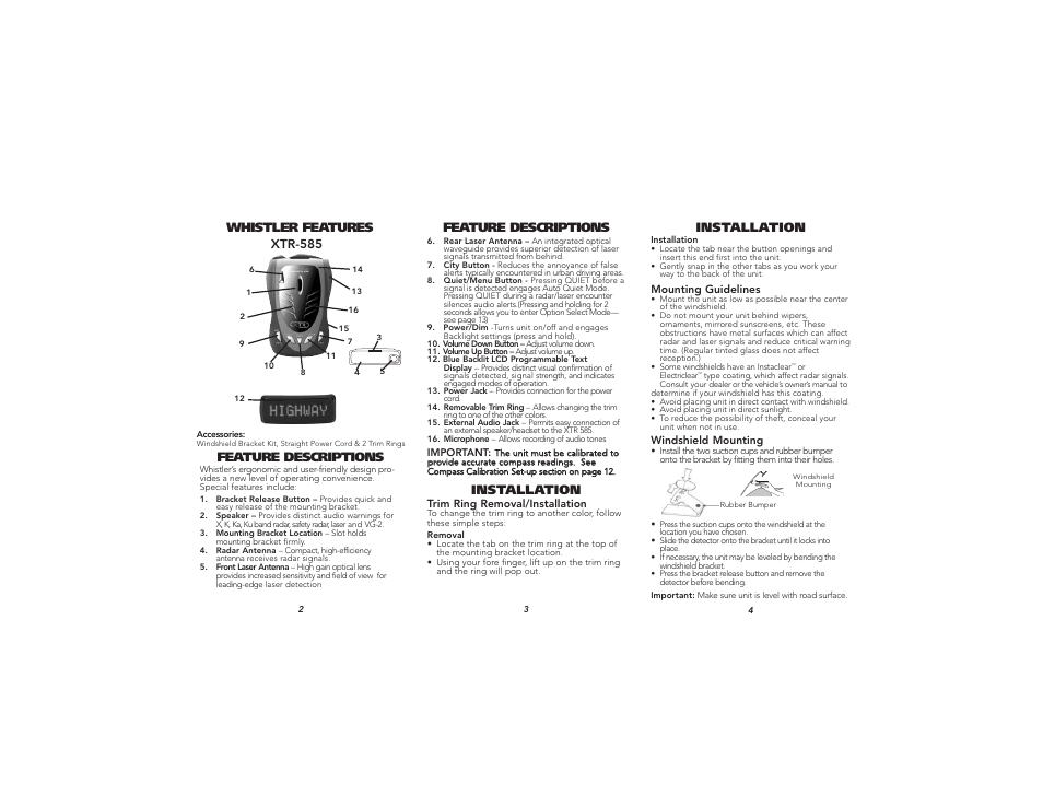 Whistler features feature descriptions, Installation, Feature descriptions | Whistler Detector Laser-Radar XTR-585 User Manual | Page 2 / 9