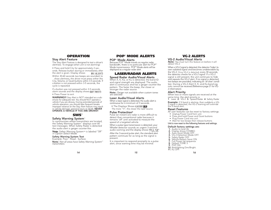 Operation, Laser/radar alerts, Mode alerts | Vg-2 alerts | Whistler Detector Laser-Radar XTR-585 User Manual | Page 6 / 9