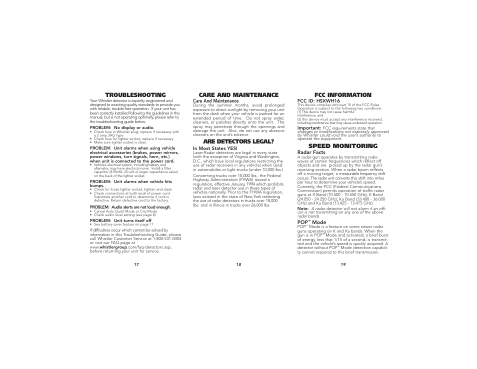 Troubleshooting, Are detectors legal, Care and maintenance | Speed monitoring, Fcc information | Whistler Detector Laser-Radar XTR-585 User Manual | Page 7 / 9