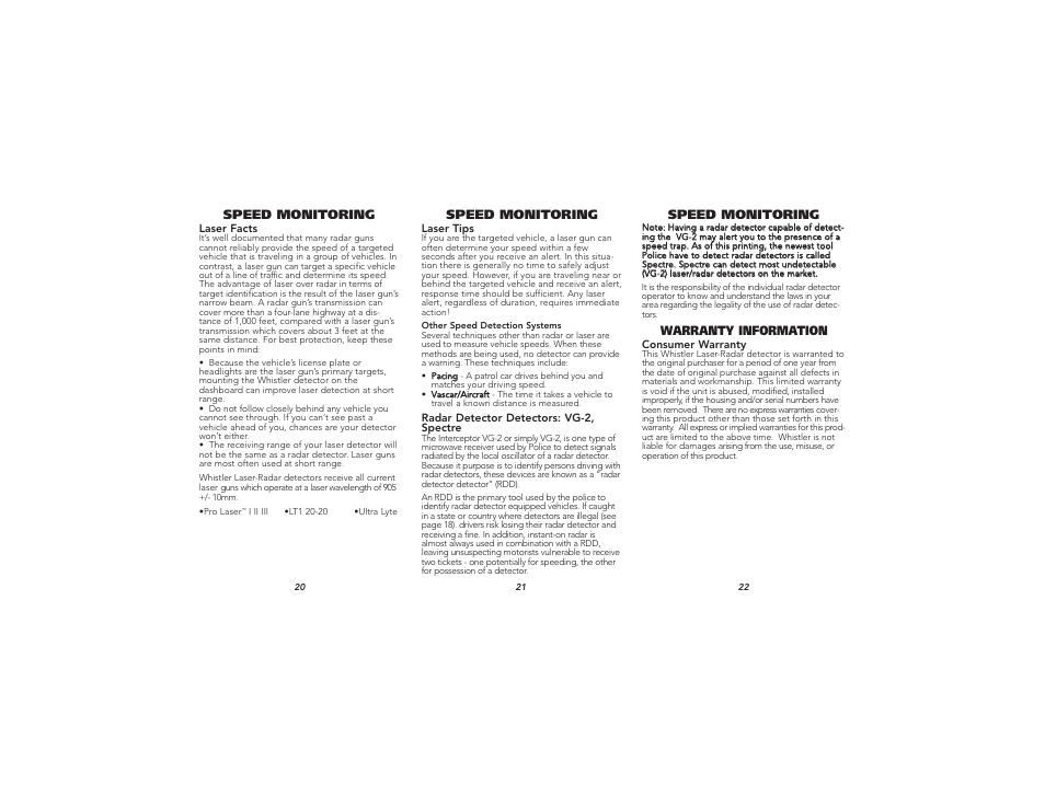 Speed monitoring, Warranty information | Whistler Detector Laser-Radar XTR-585 User Manual | Page 8 / 9