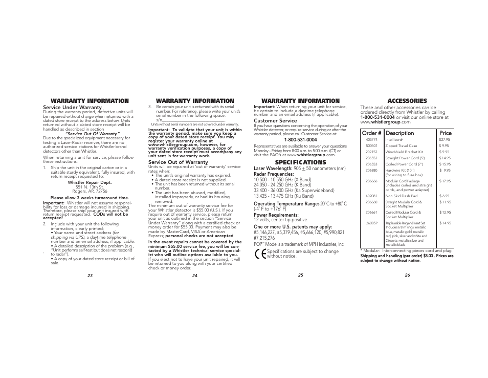Warranty information, Speci fic ations, Accessories | Whistler Detector Laser-Radar XTR-585 User Manual | Page 9 / 9