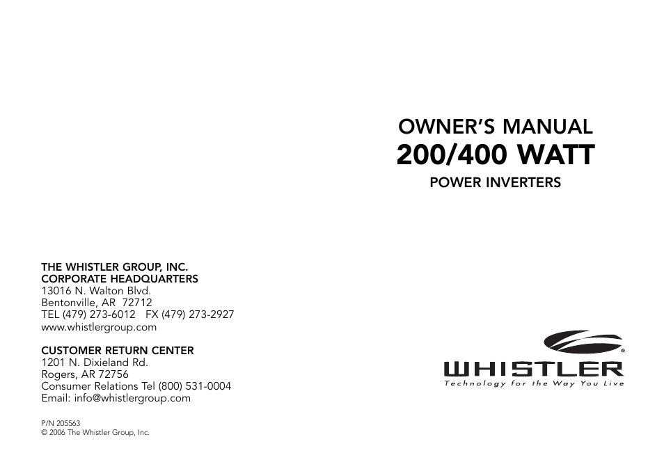 Whistler 200/400 WATT User Manual | 15 pages