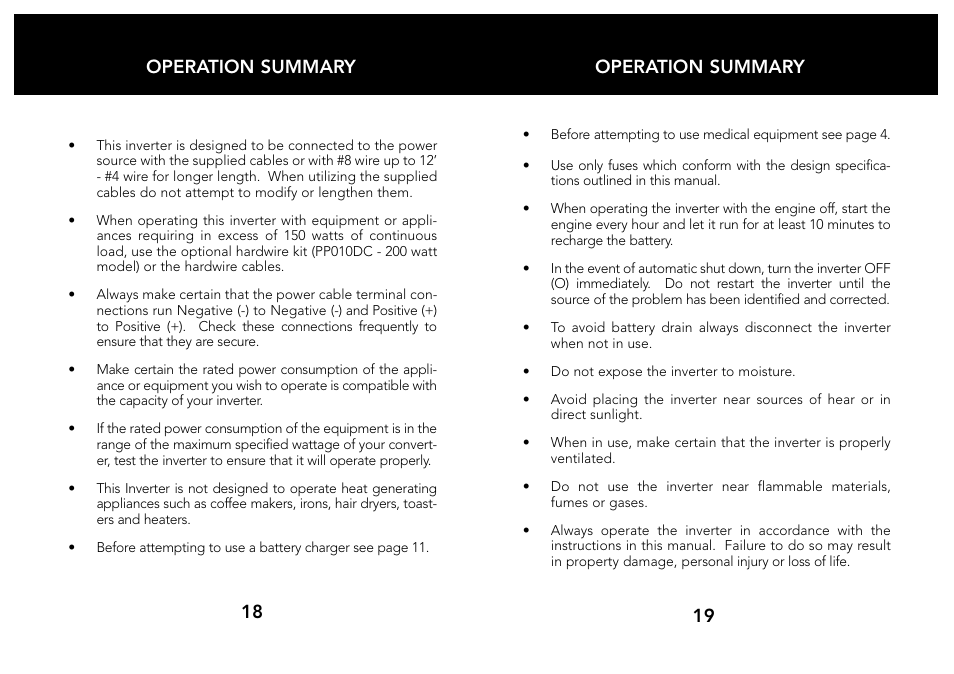 Operation summary 19 operation summary 18 | Whistler 200/400 WATT User Manual | Page 11 / 15