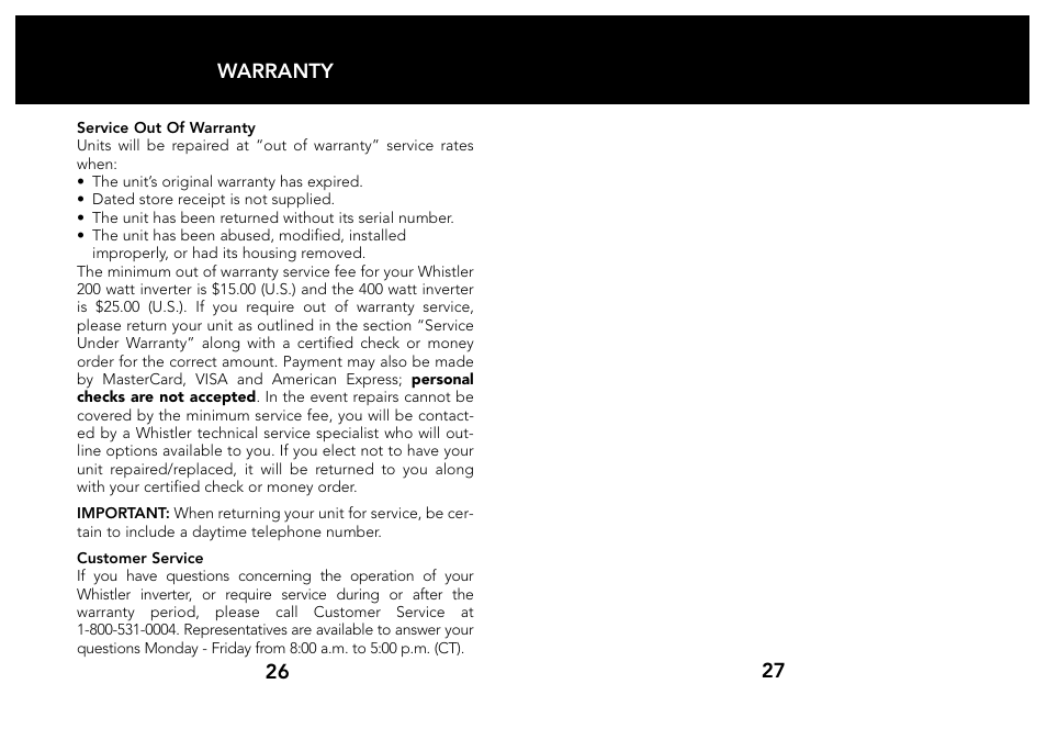 Whistler 200/400 WATT User Manual | Page 15 / 15