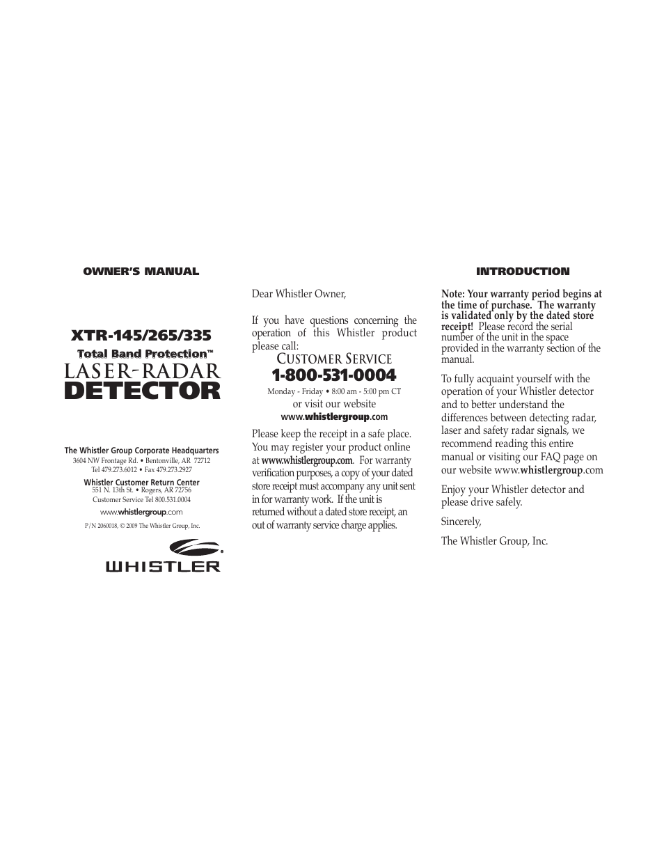 Whistler TOTAL BAND PROTECTION XTR-335 User Manual | 9 pages