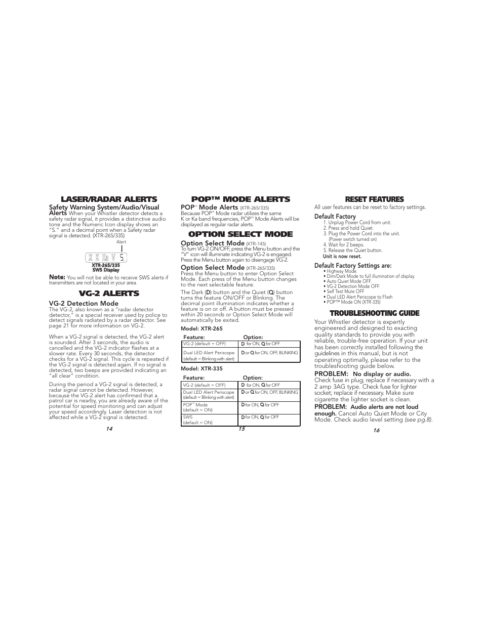 Pop™ mode alerts laser/radar alerts, Vg-2 alerts, Reset features | Troubleshooting guide, Option select mode | Whistler TOTAL BAND PROTECTION XTR-335 User Manual | Page 6 / 9