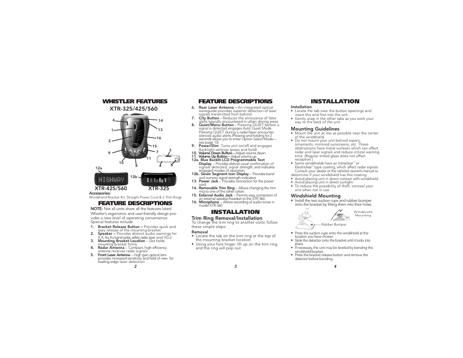 Whistler features feature descriptions, Installation, Feature descriptions | Whistler XTR - 325 User Manual | Page 2 / 9