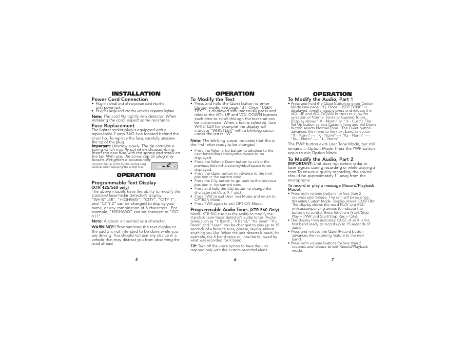 Operation, Installation | Whistler XTR - 325 User Manual | Page 3 / 9