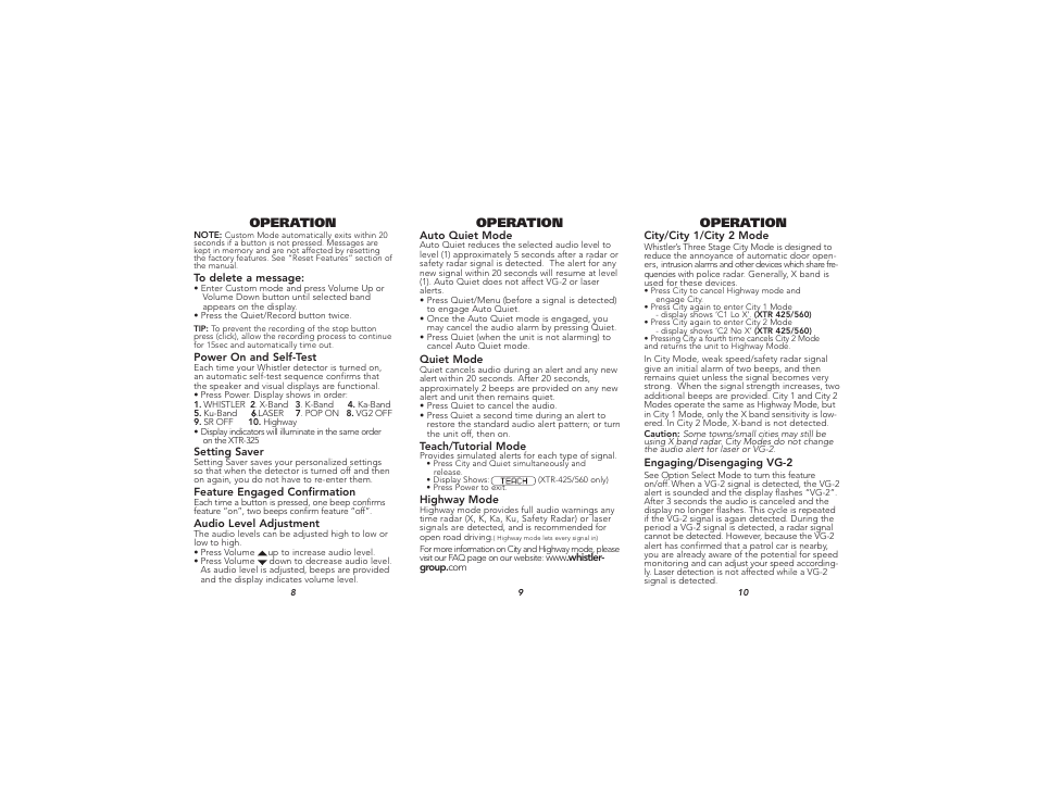 Operation | Whistler XTR - 325 User Manual | Page 4 / 9