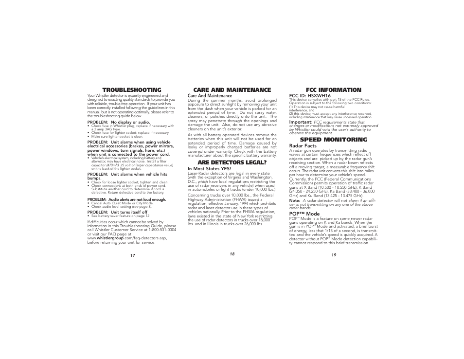 Troubleshooting, Are detectors legal, Care and maintenance | Speed monitoring, Fcc information | Whistler XTR - 325 User Manual | Page 7 / 9