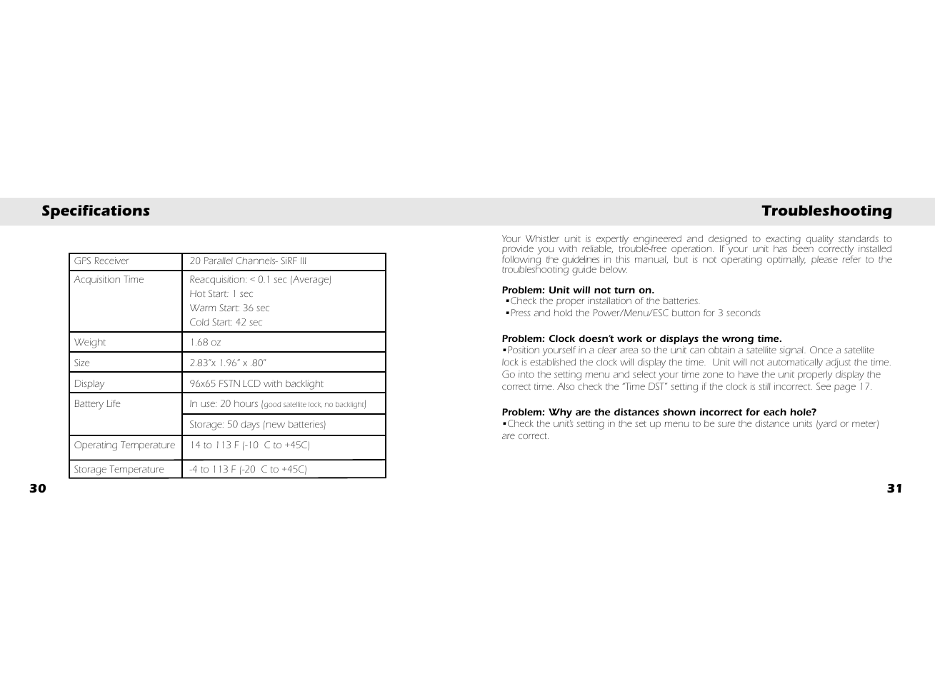 Specifications troubleshooting | Whistler GOLF GPS GLF-125 User Manual | Page 17 / 22