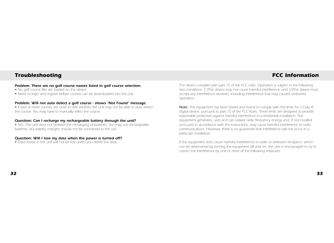 Troubleshooting fcc information | Whistler GOLF GPS GLF-125 User Manual | Page 18 / 22