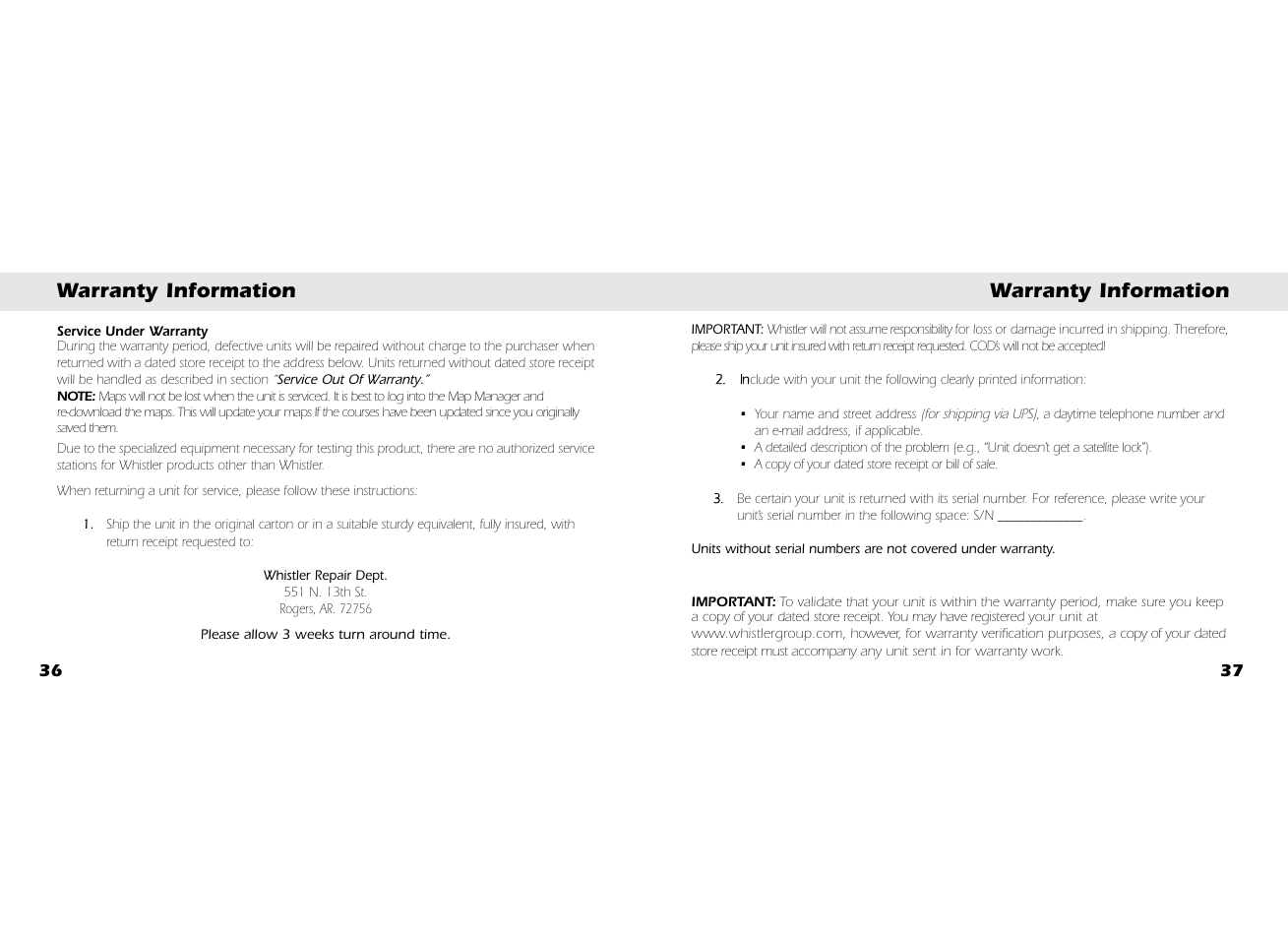 Warranty information | Whistler GOLF GPS GLF-125 User Manual | Page 20 / 22