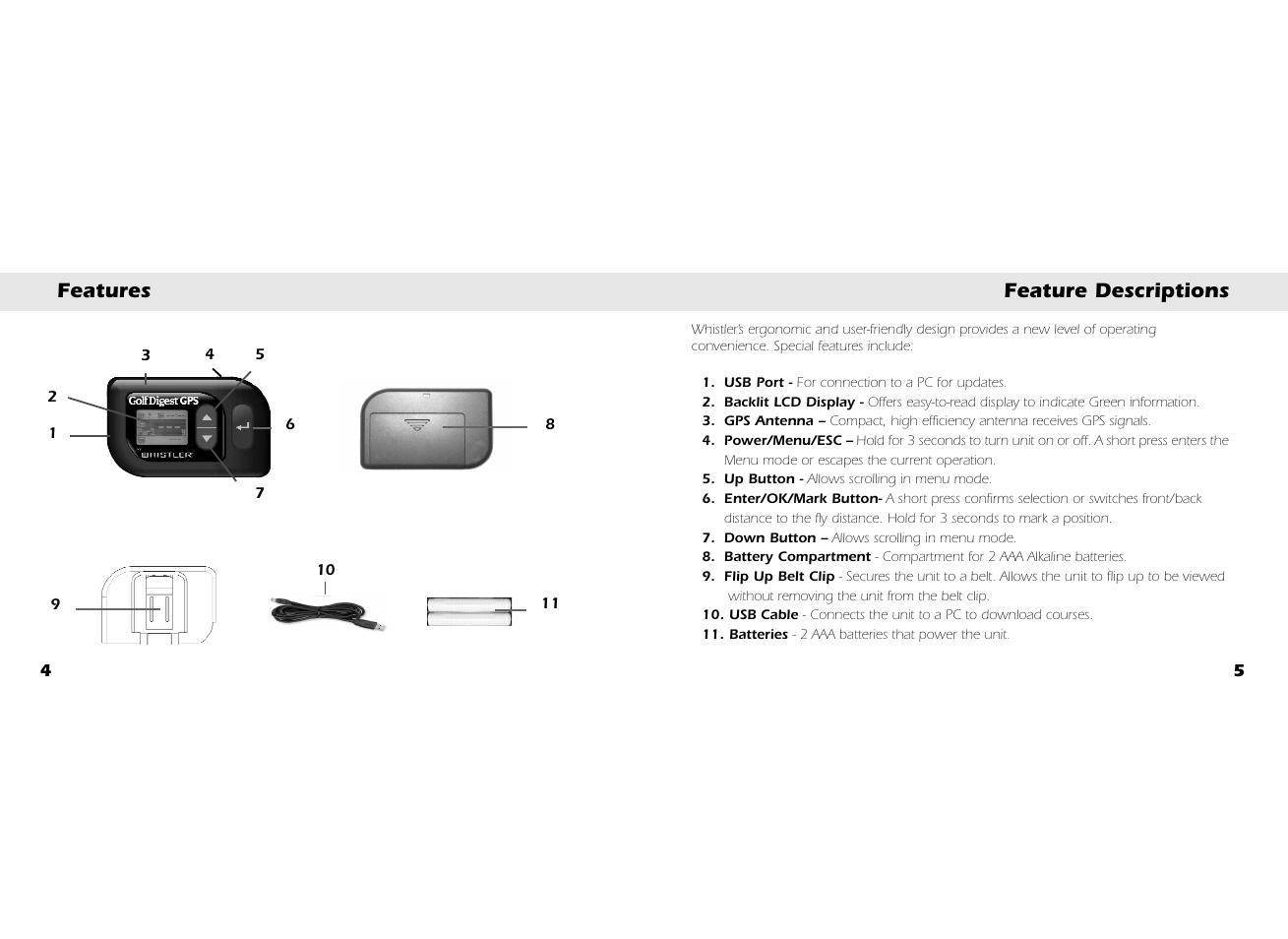 Features feature descriptions | Whistler GOLF GPS GLF-125 User Manual | Page 4 / 22