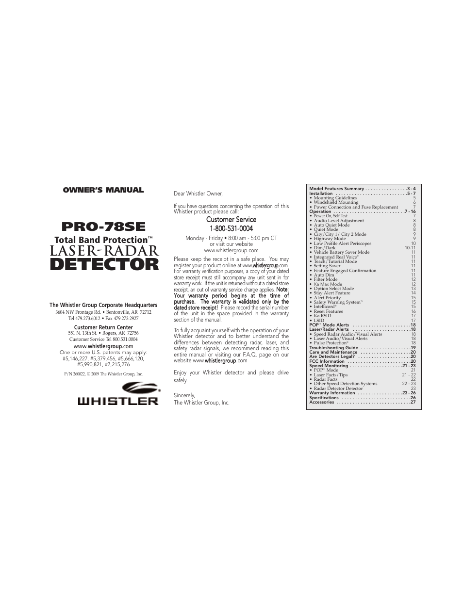 Whistler PROTECTION PRO-78SE User Manual | 9 pages