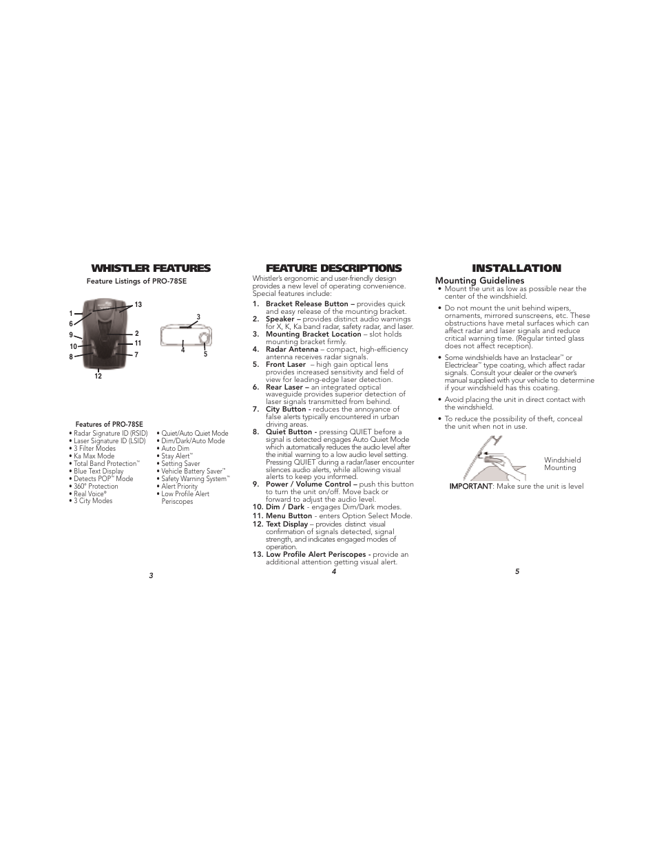 Whistler features, Feature descriptions, Installation | Whistler PROTECTION PRO-78SE User Manual | Page 2 / 9