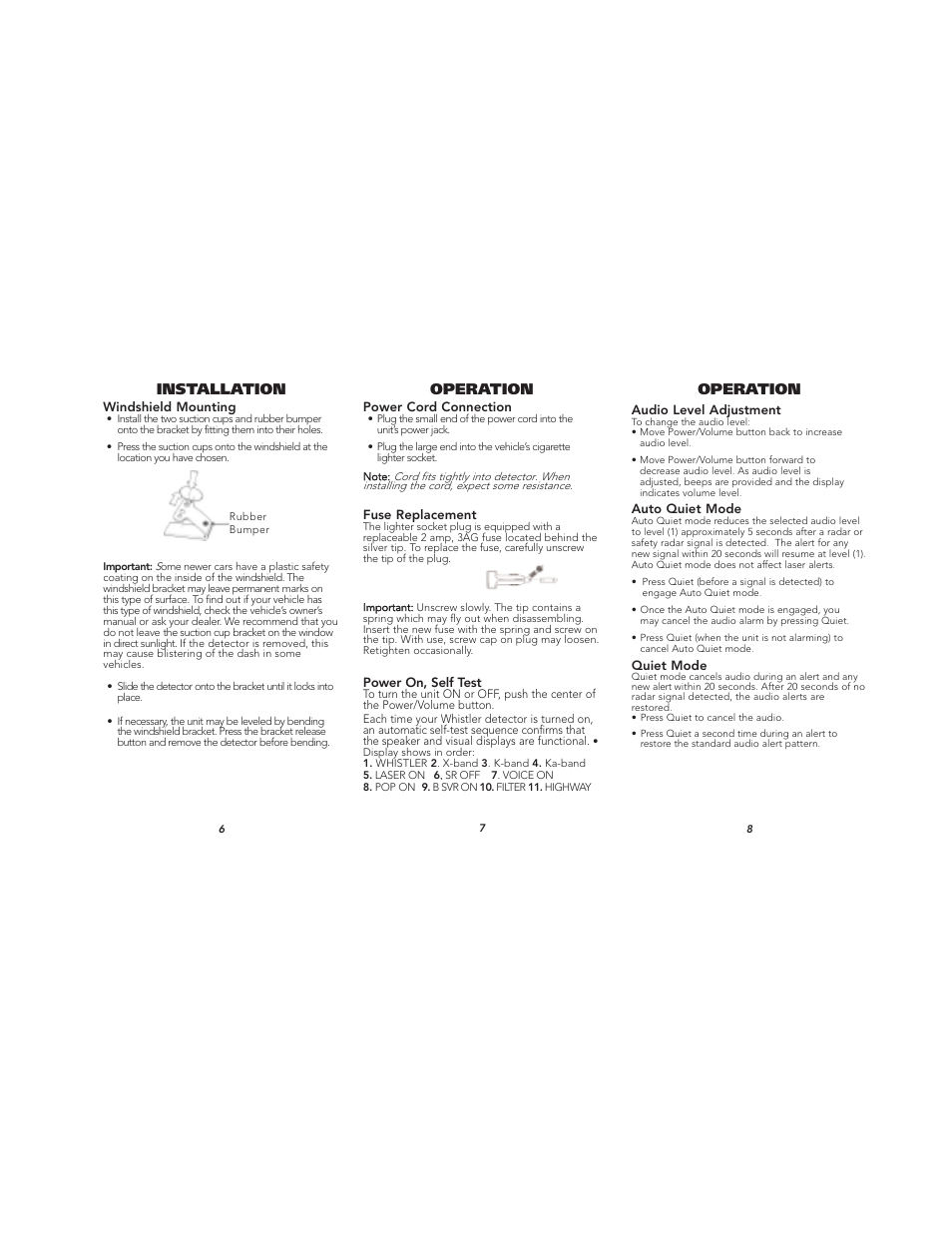 Installation operation, Operation | Whistler PROTECTION PRO-78SE User Manual | Page 3 / 9