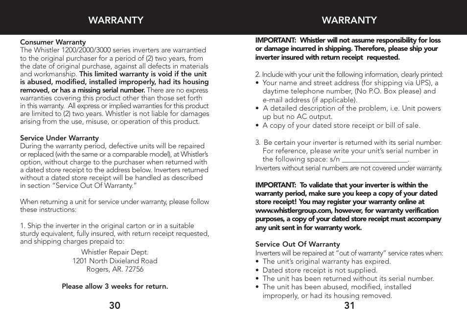 Warranty, 31 warranty | Whistler 3000 User Manual | Page 17 / 18