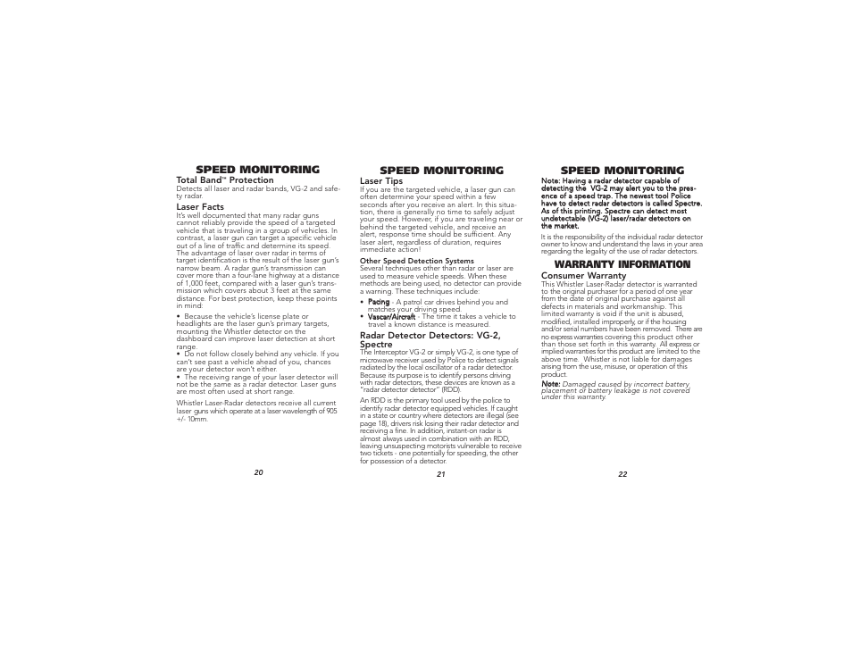 Speed monitoring, Warranty information | Whistler XTR-540 User Manual | Page 8 / 9