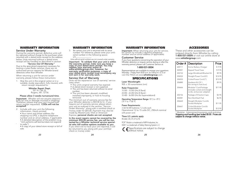 Speci fic ations, Warranty information, Accessories | Whistler XTR-540 User Manual | Page 9 / 9