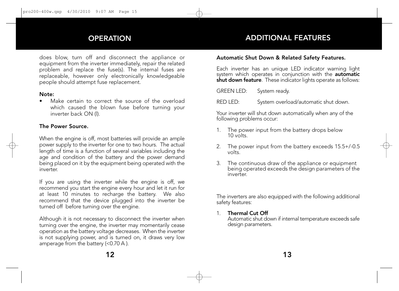 13 additional features, Operation 12 | Whistler PRO-200W User Manual | Page 8 / 15