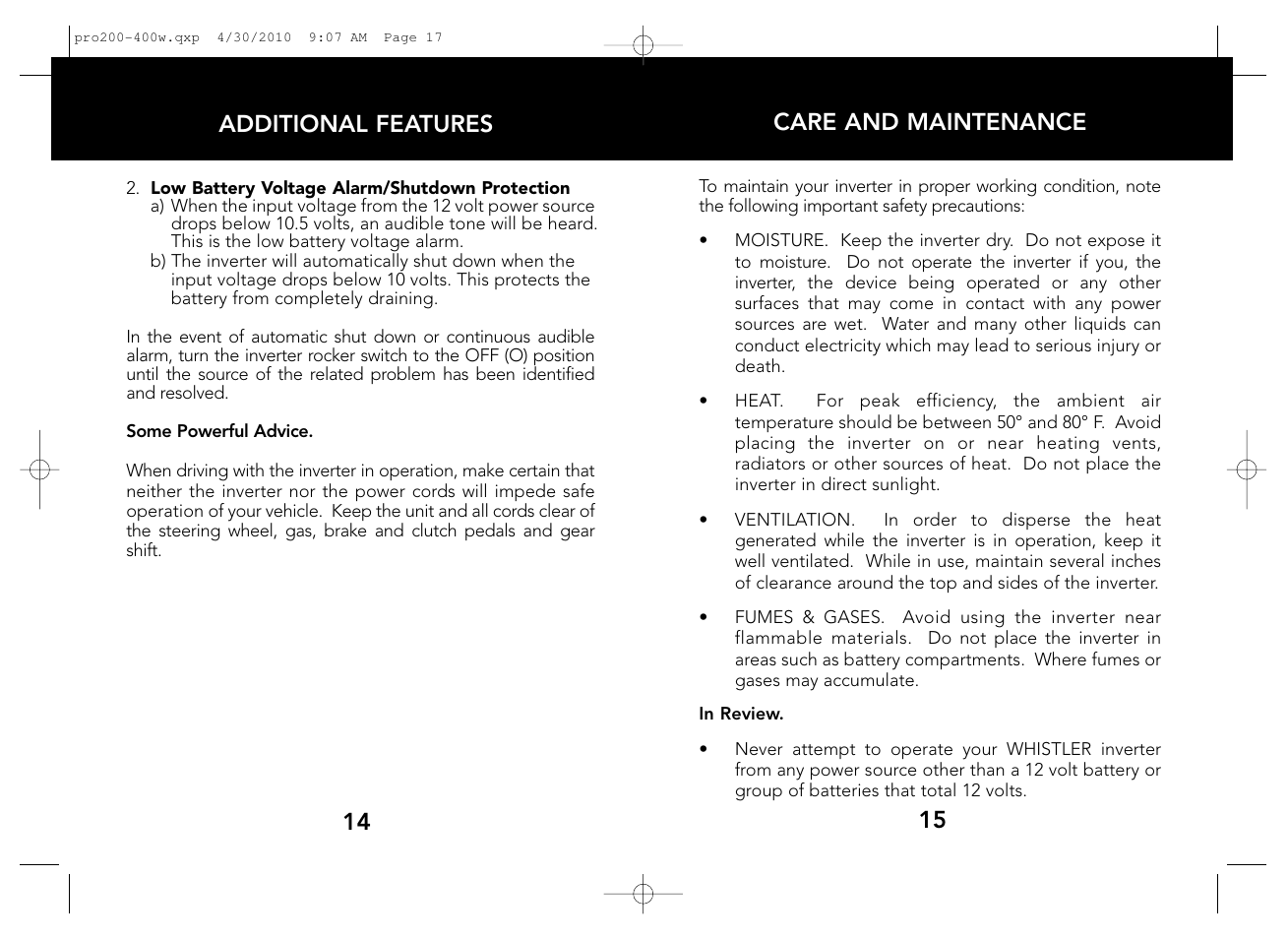 14 additional features care and maintenance | Whistler PRO-200W User Manual | Page 9 / 15