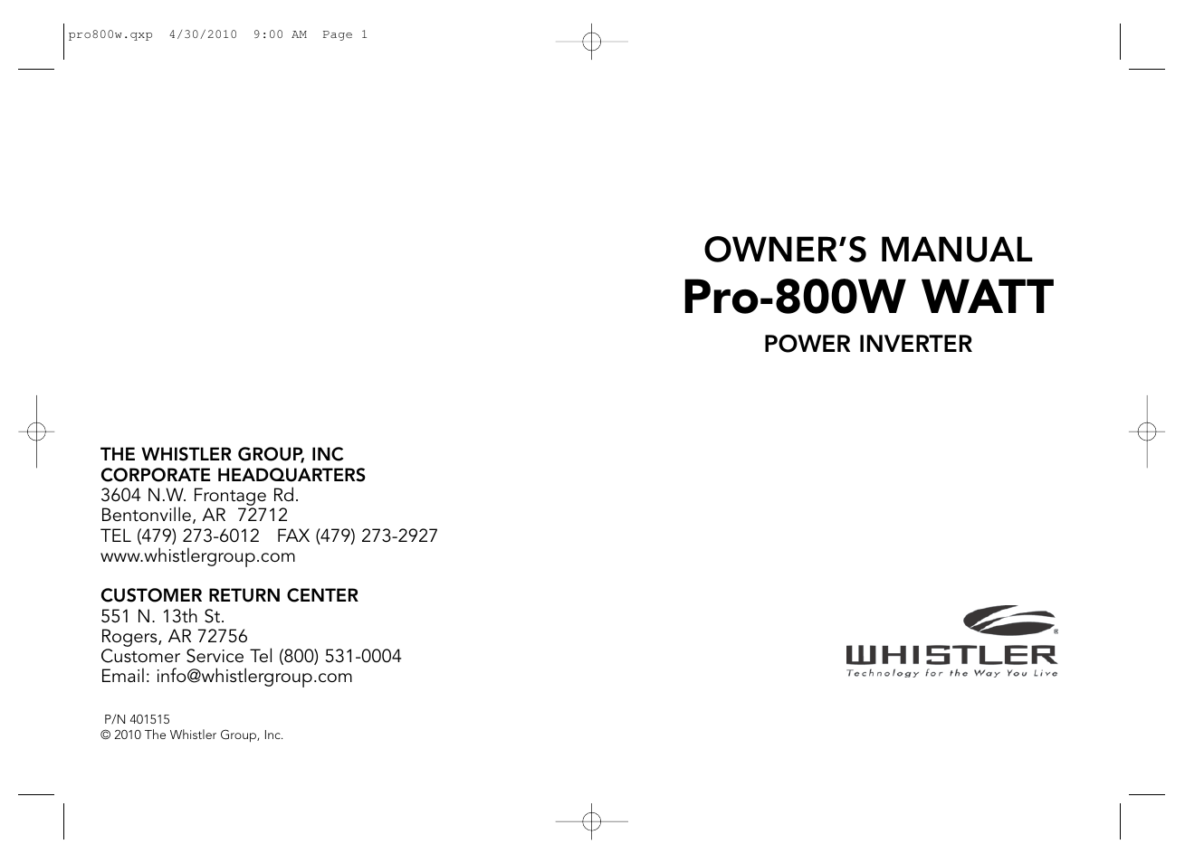 Whistler PRO-800W User Manual | 17 pages