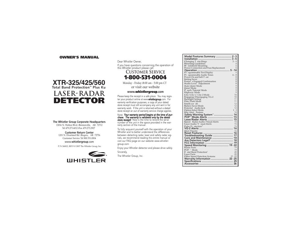 Whistler TOTAL BAND PROTECTION 425 User Manual | 9 pages