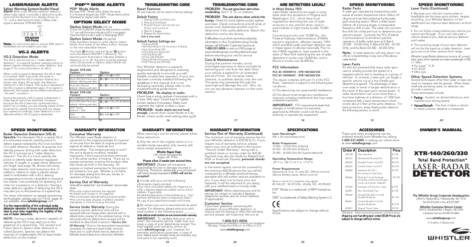 Whistler TOTAL BAND PROTECTION XTR-330 User Manual | 2 pages