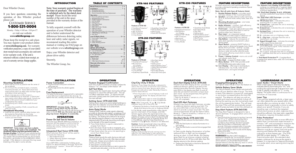 Ustomer, Ervice, Or visit our website | Feature descriptions, Installation, Operation, Laser/radar alerts, Xtr-140 features, Xtr-260 features | Whistler TOTAL BAND PROTECTION XTR-330 User Manual | Page 2 / 2
