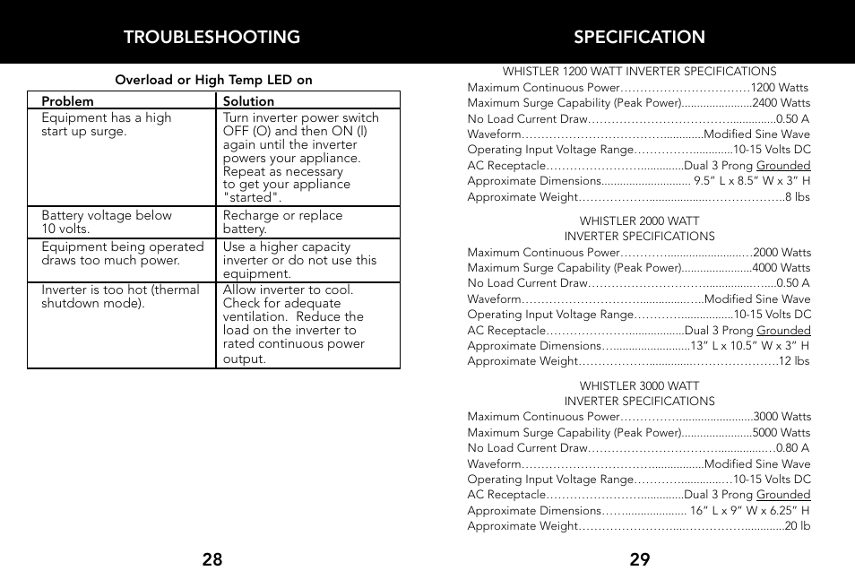 Specification, 29 troubleshooting 28 | Whistler 2000 WATT User Manual | Page 16 / 18