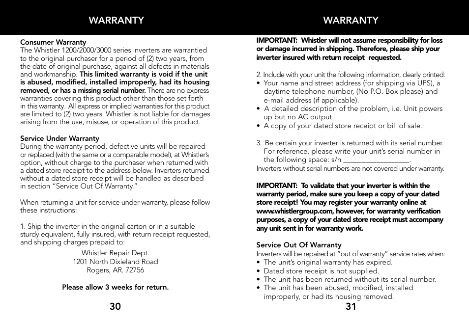 Warranty, 31 warranty | Whistler 2000 WATT User Manual | Page 17 / 18