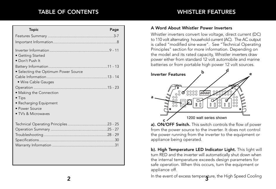 Whistler features, Table of contents 2 | Whistler 2000 WATT User Manual | Page 3 / 18