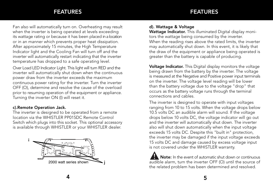 Features, 5features | Whistler 2000 WATT User Manual | Page 4 / 18