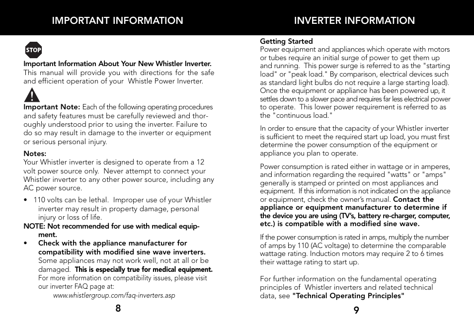 Inverter information, 9important information 8 | Whistler 2000 WATT User Manual | Page 6 / 18