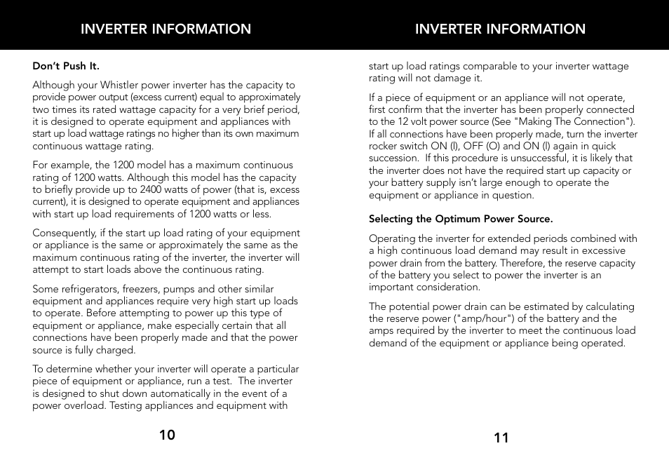 Inverter information, 11 inverter information 10 | Whistler 2000 WATT User Manual | Page 7 / 18