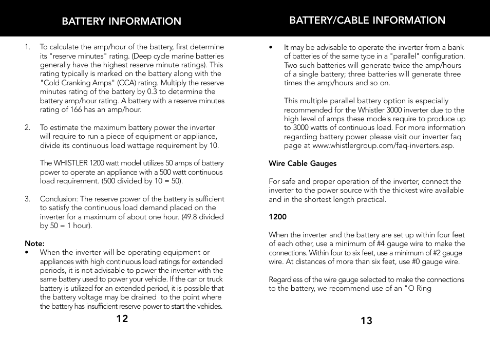 13 battery/cable information, Battery information 12 | Whistler 2000 WATT User Manual | Page 8 / 18