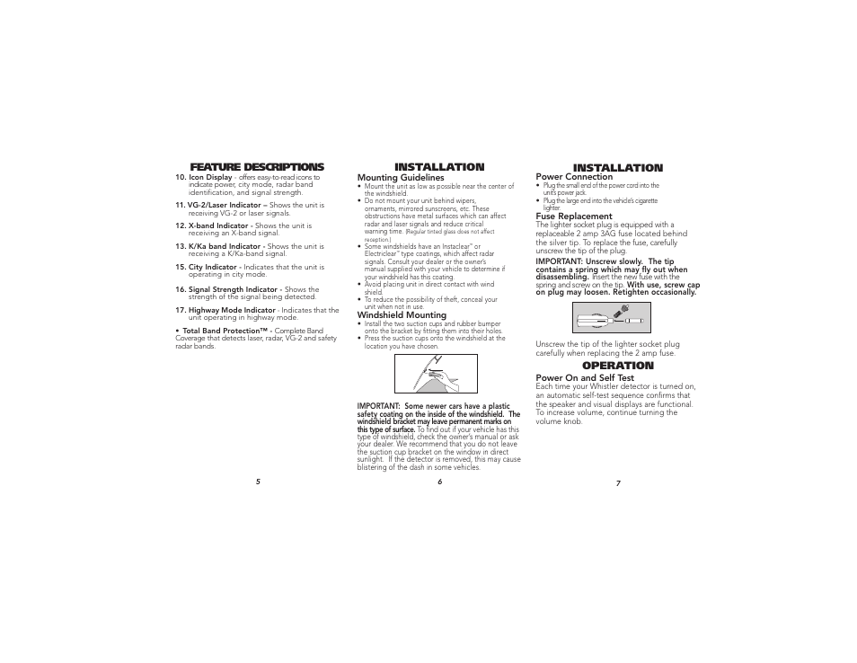 Feature descriptions, Installation, Operation | Whistler XTR-105 User Manual | Page 3 / 9